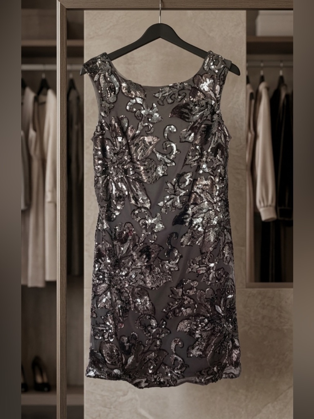 NWT White House Black Market Grey and Silver Sequin Sheath